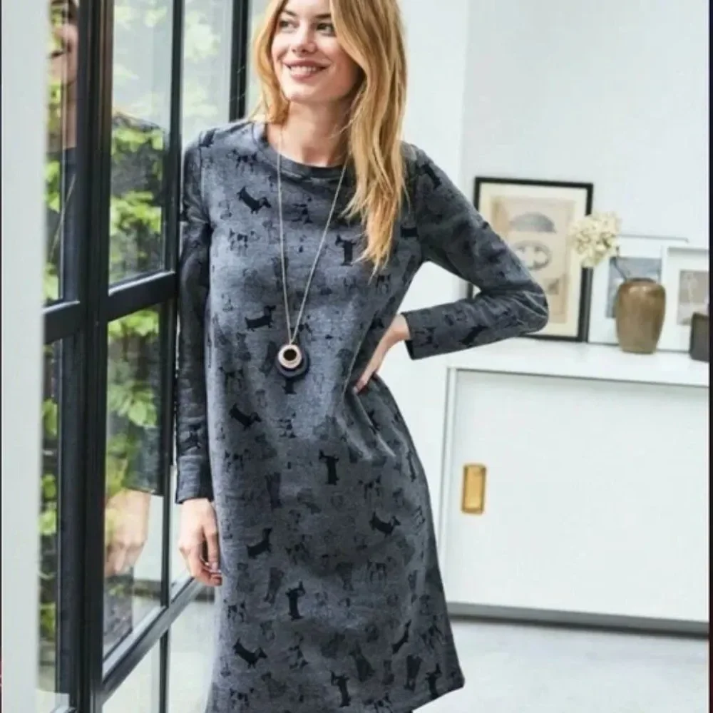 Boden Sweatshirt Day Dress Long Sleeve Gray Doodle Dog Print Size US 4 Long